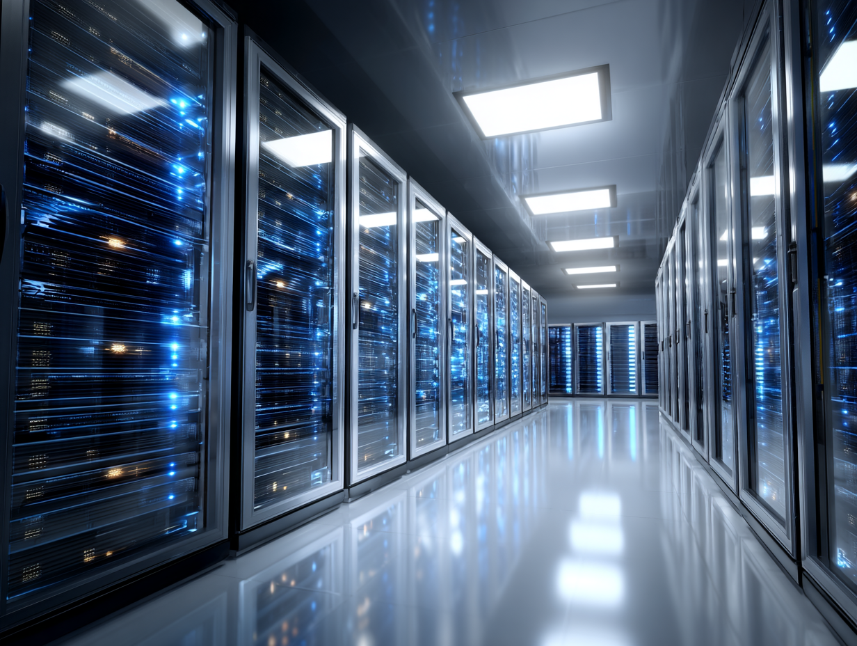 Server room with rows of illuminated server racks in a modern data center facility